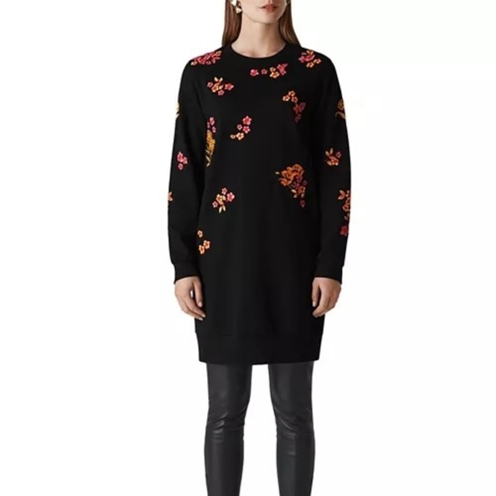 Whistles Black Bloom Floral‎ Embroidered Sweater Dress Size XS